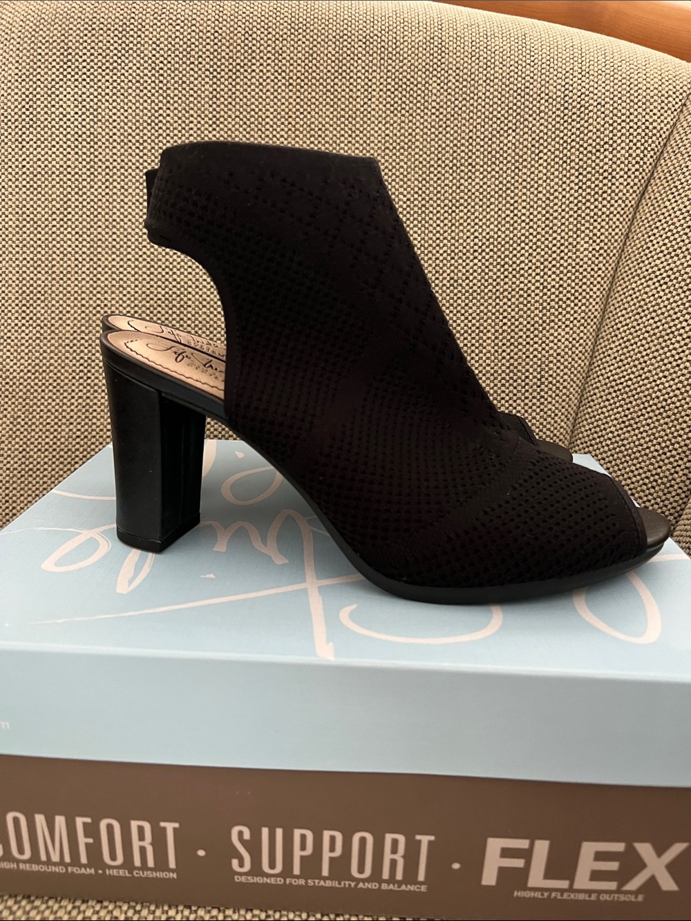 Life Stride Black Knit Open-Toe Block Heel Sandal